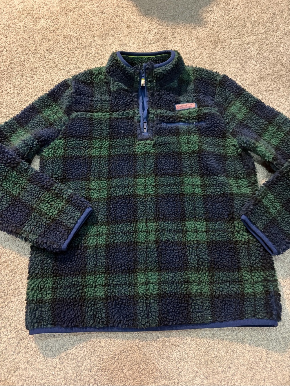 Vineyard Vines Kids Green & Navy Plaid Sherpa Pullover